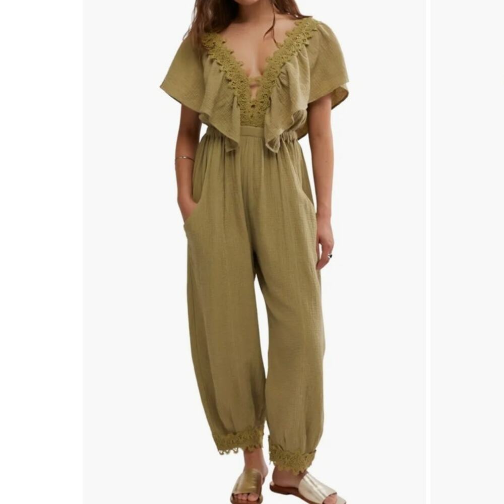 Free People Bali Rolling Dunes Jumpsuit in Olive Green Size Medium